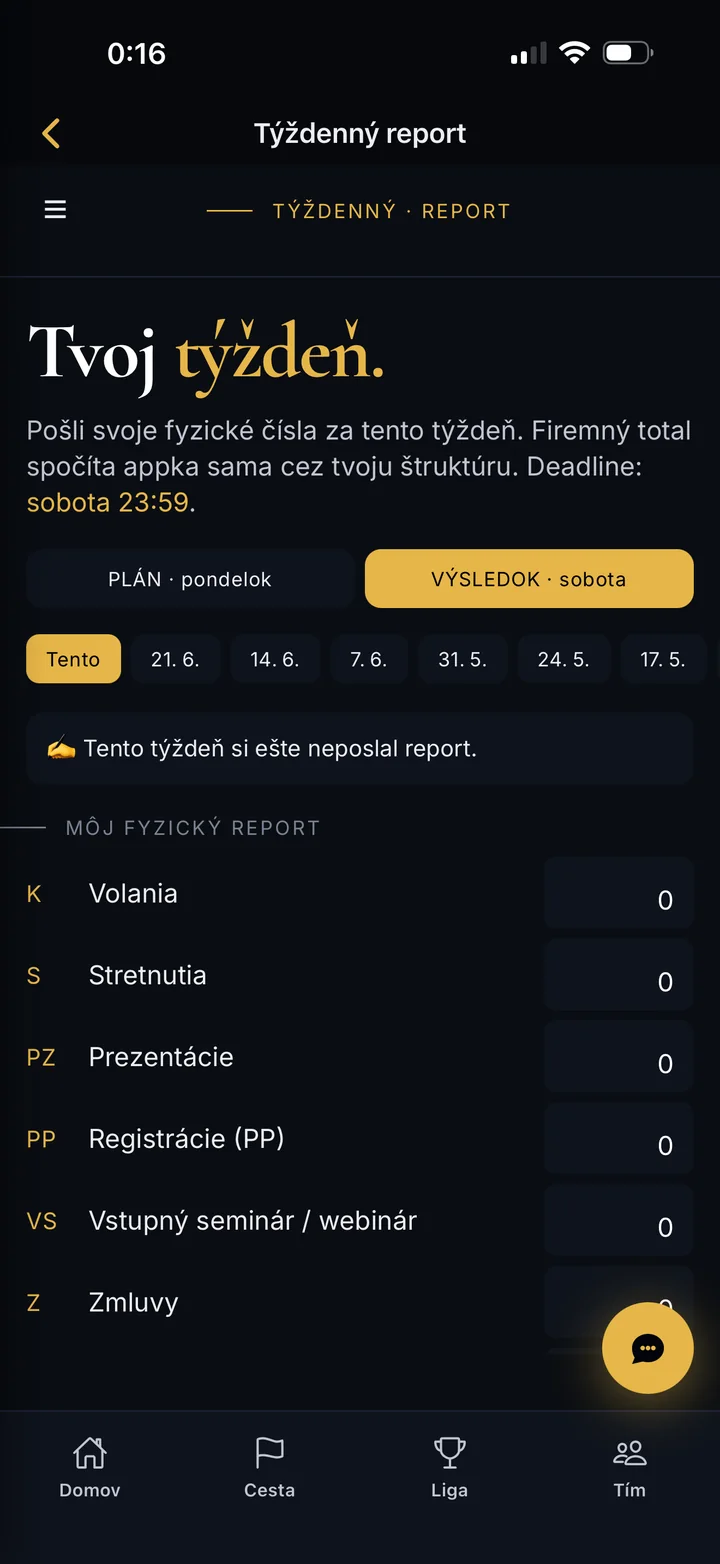 Obrazovka Týždenný report: kontakty, stretnutia a prezentácie za týždeň